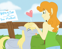 Size: 1501x1203 | Tagged: safe, artist:cartoonlion, carrot top, derpy hooves, golden harvest, human, pony, futaverse, g4, happy, human on pony petting, humanized, petting