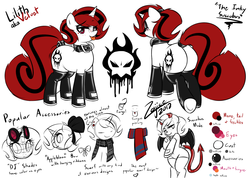 Size: 1767x1255 | Tagged: safe, artist:zajice, oc, oc only, oc:lilith, devil, succubus, bat wings, butt, clothes, collar, cutie mark, devil tail, female, freckles, latex, leggings, piercing, plot, reference sheet, scarf, spaded tail, stockings, tongue out, tongue piercing