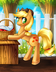 Size: 600x777 | Tagged: safe, artist:lizchennd, applejack, g4, apple, basket