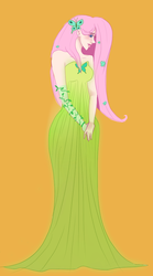 Size: 600x1076 | Tagged: safe, artist:colorfulobscurity, fluttershy, human, g4, clothes, dress, gala dress, humanized, orange background, simple background, solo