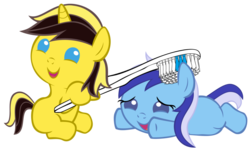 Size: 900x546 | Tagged: safe, artist:ninga-bob, minuette, oc, oc:thatsonofamitch, unnamed oc, pony, unicorn, g4, .svg available, brushie, filly, filly minuette, foal, simple background, toothbrush, transparent background, vector