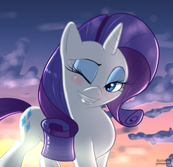 Size: 2393x2315 | Tagged: safe, artist:skyart301, rarity, pony, unicorn, g4, blushing, bust, female, grin, makeup, mare, purple hair, smiling, smirk, solo, teeth, walking, wink