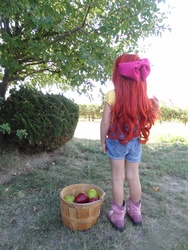 Size: 3456x4608 | Tagged: safe, artist:meanlilkitty, apple bloom, human, g4, apple, basket, cosplay, irl, irl human, photo, solo, target demographic, tree