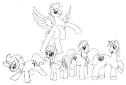 Size: 900x612 | Tagged: safe, artist:raidho36, oc, oc only, oc:akrida, oc:awesome smile, oc:crossbow sting, oc:random dash, oc:subtle hooves, a world renewed, monochrome