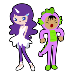 Size: 1528x1528 | Tagged: safe, artist:princesschuchi, rarity, spike, human, g4, costume, female, horn, horned humanization, humanized, light skin, lineless, male, medium skin, simple background, skinny, thin, transparent background