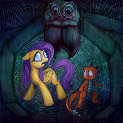 Size: 720x720 | Tagged: safe, artist:voodoo-tiki, fluttershy, oc, dragon, giant spider, pegasus, pony, spider, g4, aragog, dragon oc, female, harry potter (series), male, mare, species:acromantula, spider web, trio