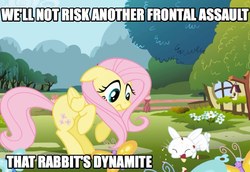 Size: 854x588 | Tagged: safe, edit, edited screencap, screencap, angel bunny, fluttershy, pegasus, pony, rabbit, g4, animal, apple, caption, eating, female, intro, male, mare, monty python, monty python and the holy grail, opening, reference