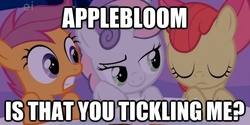 Size: 624x311 | Tagged: safe, edit, edited screencap, screencap, apple bloom, scootaloo, sweetie belle, earth pony, pony, g4, stare master, caption, cutie mark crusaders, female, filly, foal