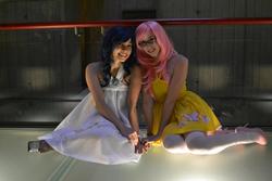 Size: 2304x1536 | Tagged: safe, artist:celesteorchid, fluttershy, rarity, human, g4, clothes, cosplay, dress, glasses, high heels, irl, irl human, photo, platform heels, shoes, socks, thigh highs, thigh socks