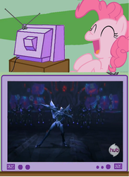 Size: 733x1004 | Tagged: safe, pinkie pie, earth pony, pony, g4, dancing, exploitable meme, hub logo, meme, starscream, transformers, tv meme