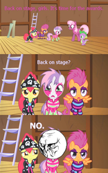 Size: 500x799 | Tagged: safe, edit, edited screencap, screencap, apple bloom, cheerilee, scootaloo, spike, sweetie belle, earth pony, pegasus, pony, unicorn, g4, my little pony: friendship is magic, the show stoppers, caption, clothes, comic, cutie mark crusaders, female, filly, no, rage face, screencap comic, show stopper outfits