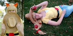 Size: 1200x600 | Tagged: safe, artist:mickeydoo13, artist:spellsgal, applejack, human, g4, cosplay, covering, grass, hat, irl, irl human, on back, photo