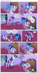 Size: 1200x2312 | Tagged: safe, artist:muffinshire, night light, shining armor, twilight sparkle, twilight velvet, pony, unicorn, comic:twilight's first day, adorkable, alarm clock, bed, bed mane, bedroom, boing, bouncing, comic, cute, dialogue, dork, excited, eyes closed, facehoof, female, filly, filly twilight sparkle, hopping, it begins, male, mare, muffinshire is trying to murder us, nightvelvet, open mouth, pronking, shining adorable, sleeping, slice of life, smiling, sparkle family, stallion, twiabetes, unicorn twilight, younger