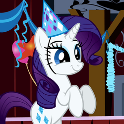 Size: 700x700 | Tagged: safe, screencap, rarity, pony, unicorn, velociraptor, g4, balloon, cropped, cute, female, hat, mare, party hat, raribetes, smiling, solo, velocirarity