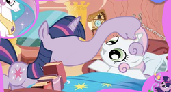 Size: 375x202 | Tagged: safe, edit, princess celestia, sweetie belle, twilight sparkle, g4, adventures in ponyville, are you frustrated?, go to sleep, twilight is a lion, wat