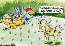 Size: 500x357 | Tagged: safe, artist:el-yeguero, applejack, granny smith, rainbow dash, earth pony, pegasus, pony, g4, blushing, butt, caught, female, implied sex, lesbian, mare, plot, ship:appledash, shipping