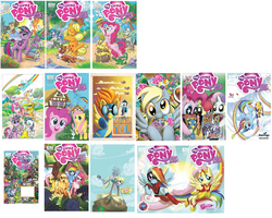 Size: 2424x1936 | Tagged: safe, idw, angel bunny, apple bloom, applejack, derpy hooves, dj pon-3, fluttershy, gummy, pinkie pie, princess celestia, rainbow dash, rarity, soarin', spike, spitfire, sweetie belle, twilight sparkle, vinyl scratch, winona, zecora, pegasus, pony, zebra, g4, comic book, female, mare