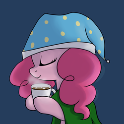 Size: 1000x1000 | Tagged: safe, artist:maplesunrise, pinkie pie, earth pony, pony, ask snuggle pie, g4, blanket, cute, diapinkes, eyes closed, female, hat, hot chocolate, nightcap, profile, solo