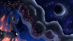 Size: 977x552 | Tagged: safe, artist:heart-0f-darkness, princess luna, pony, g4, female, moon, solo, stars