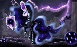 Size: 1417x875 | Tagged: safe, artist:heart-0f-darkness, nightmare moon, pony, g4, female, glowing eyes, magic, solo