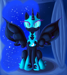 Size: 934x1039 | Tagged: safe, artist:paintrolleire, nightmare moon, alicorn, pony, g4, female, looking at you, mare, sitting, solo