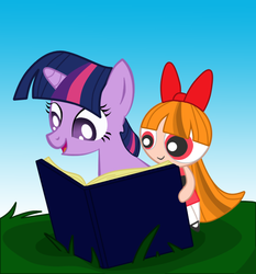 Size: 588x632 | Tagged: safe, artist:vmkhappy-panda, twilight sparkle, human, pony, unicorn, g4, blossom (powerpuff girls), book, crossover, reading, the powerpuff girls, unicorn twilight