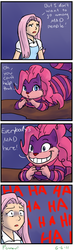 Size: 303x1044 | Tagged: dead source, safe, artist:kourabiedes, fluttershy, pinkie pie, cat, g4, alice in wonderland, cheshire cat, comic, humanized, parody, species swap