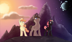 Size: 900x536 | Tagged: safe, artist:artsyalraune, oc, oc only, oc:incendia, oc:jigsaw, oc:tiptoe, pegasus, pony, unicorn, fanfic:antipodes, broken moon, fanfic art, female, male, mare, moon, mountain, split sky, stallion, sun, trio