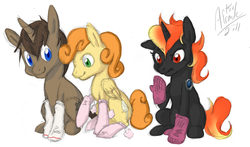 Size: 735x431 | Tagged: safe, artist:artsyalraune, oc, oc only, oc:incendia, oc:jigsaw, oc:tiptoe, pegasus, pony, unicorn, fanfic:antipodes, clothes, fanfic, socks