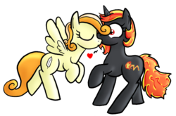 Size: 580x383 | Tagged: safe, artist:paper-pony, oc, oc only, oc:incendia, oc:tiptoe, pegasus, pony, unicorn, fanfic:antipodes, fanfic art, female, heart, kissing, lesbian, shipping