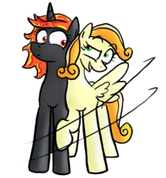 Size: 360x387 | Tagged: safe, oc, oc only, oc:incendia, oc:tiptoe, pegasus, pony, unicorn, fanfic:antipodes, fanfic, female, lesbian, open mouth, raised eyebrow, raised hoof, shipping, smirk, spread wings, wide eyes