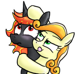 Size: 452x431 | Tagged: safe, oc, oc only, oc:incendia, oc:tiptoe, pegasus, pony, unicorn, fanfic:antipodes, blushing, fanfic, female, lesbian, shipping