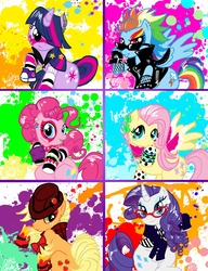 Size: 1314x1709 | Tagged: safe, artist:moloko-plus, applejack, fluttershy, pinkie pie, rainbow dash, rarity, twilight sparkle, g4, alternate hairstyle, clothes, converse, decade, hair over one eye, mane six