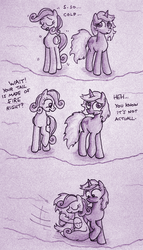 Size: 534x934 | Tagged: safe, artist:paper-pony, oc, oc only, oc:incendia, oc:tiptoe, pegasus, pony, unicorn, fanfic:antipodes, blushing, comic, cute, fanfic, female, hug, lesbian, shipping, traditional art