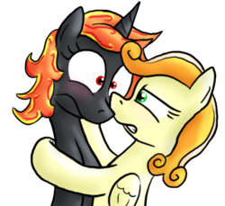 Size: 459x420 | Tagged: safe, artist:paper-pony, oc, oc only, oc:incendia, oc:tiptoe, pegasus, pony, unicorn, fanfic:antipodes, blushing, fanfic, female, lesbian, shipping