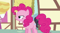 Size: 500x281 | Tagged: safe, screencap, pinkie pie, earth pony, pony, a friend in deed, g4, season 2, animated, bipedal, butt, female, plot, solo, toupee