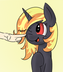 Size: 572x652 | Tagged: safe, artist:rolo, oc, oc only, oc:incendia, human, pony, unicorn, fanfic:antipodes, boop, cute, fanfic, female, hair over one eye, hand, mare, one eye closed, open mouth, simple background, smiling, wink, yellow background
