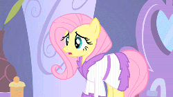 Size: 500x281 | Tagged: safe, screencap, fluttershy, pony, g4, green isn't your color, season 1, animated, bathrobe, clothes, female, gif, hiding behind mane, robe, solo, spa