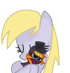 Size: 708x738 | Tagged: safe, edit, derpy hooves, oc, oc:incendia, pony, unicorn, fanfic:antipodes, g4, cute, fanfic, filly, hat, hug, top hat