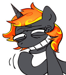 Size: 877x998 | Tagged: safe, artist:megasweet, edit, oc, oc only, oc:incendia, pony, unicorn, fanfic:antipodes, fanfic, female, laughing, mare, meme, ponified, recolor, simple background, solo, transparent background