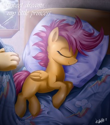 Size: 880x1000 | Tagged: safe, artist:knifeh, artist:rainbow, scootaloo, human, pegasus, pony, g4, bed, bed mane, blanket, cute, cutealoo, cutie mark, eyes closed, female, filly, foal, folded wings, hand, lying down, on bed, on side, pillow, profile, scootalove, signature, sleeping, smiling, tucking in, wings