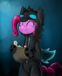 Size: 2600x3200 | Tagged: dead source, safe, artist:gordonfreeguy, doomie, pinkie pie, changeling, pony, g4, bipedal, bodysuit, candy, costume, cute, diapinkes, eyes closed, featured image, female, food, halloween, holiday, hoof hold, lollipop, nightmare night, smiling, solo, zipper