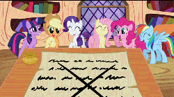 Size: 500x281 | Tagged: safe, screencap, applejack, fluttershy, pinkie pie, rainbow dash, rarity, twilight sparkle, g4, lesson zero, animated, everypony laughs ending, female, laughing, letter, mane six