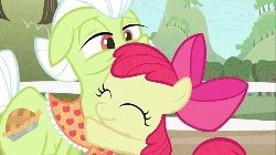 Size: 500x281 | Tagged: safe, screencap, apple bloom, granny smith, earth pony, pony, family appreciation day, g4, animated, duo, female, grandmother and grandchild