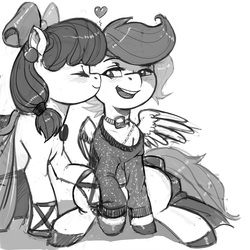 Size: 900x900 | Tagged: dead source, safe, artist:kevinsano, apple bloom, scootaloo, earth pony, pegasus, pony, g4, clothes, duo, female, floating heart, grayscale, heart, lesbian, ship:scootabloom, shipping