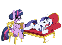 Size: 800x580 | Tagged: safe, artist:jiayi, rarity, twilight sparkle, g4, anatomically incorrect, chair, couch, crossed legs, crying, fainting couch, frown, glasses, hair bun, incorrect leg anatomy, lounge, marshmelodrama, pixiv, psychology, quill, simple background, therapist, twilight's professional glasses