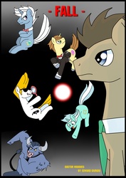 Size: 2480x3507 | Tagged: safe, artist:edowaado, doctor whooves, donut joe, iron will, lyra heartstrings, time turner, earth pony, pony, unicorn, comic:fall, g4, female, fortune teller, johnny bravo, male, mare, mirror, ponified, stallion