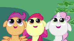 Size: 720x404 | Tagged: safe, edit, edited screencap, screencap, apple bloom, scootaloo, sweetie belle, g4, hearts and hooves day (episode), season 2, animated, cutie mark crusaders, faic, female, floppy ears, hearts and hooves day, looking at each other, reversed, scrunchy face