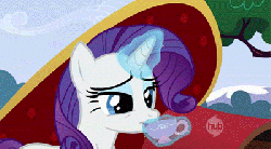 Size: 400x222 | Tagged: safe, screencap, rarity, twilight sparkle, g4, lesson zero, animated, cup, duo, fainting couch, female, food, hub logo, messy mane, puffy cheeks, spit take, spitting, tea, teacup, teleportation