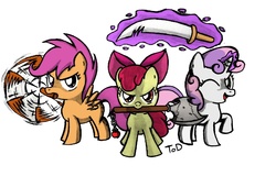 Size: 1600x1025 | Tagged: safe, artist:quarium, apple bloom, scootaloo, sweetie belle, g4, cutie mark crusaders, weapon